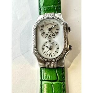 Philip Stein Teslar Dual Time Ladies Watch Green Leather Strap Diamond Bezel